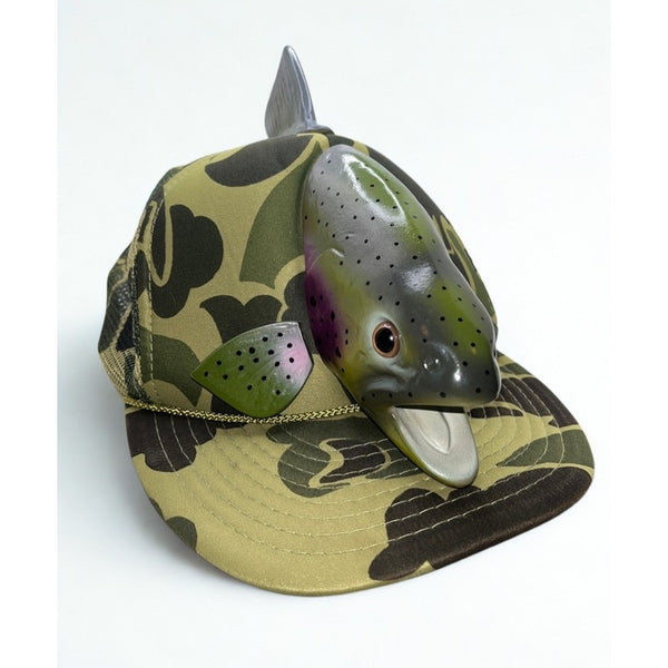 Angler's Expressions 3D Trout Fish Snapback Camo Trucker Hat 1989 VTG Vintage
