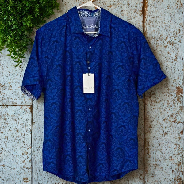 Robert Graham Bayview XL NWT Navy Floral Damask Short Sleeve Button Up Shirt
