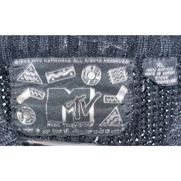 MTV Sweater Cable Knit 1989 Music Grunge Vintage Black Sz. XL