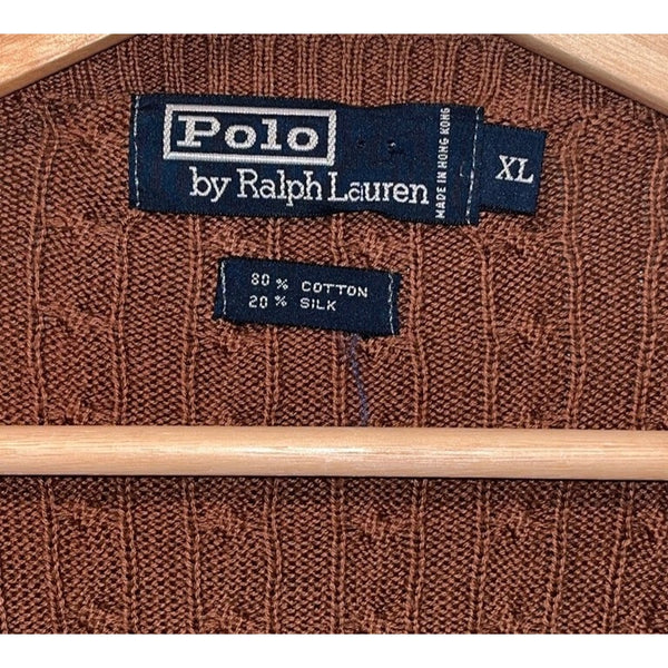 Polo Ralph Lauren Sweater Mens XL Brown Cable Knit V Neck Cotton Silk Preppy