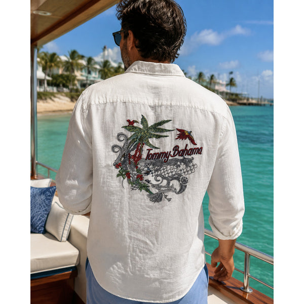 Tommy Bahama Mens XLT 100% Linen Embroidered Back Button Down Shirt White NWOT