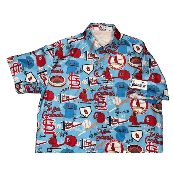 St Lous Cardinals Shirt Mens XL Blue Hawaiian Aloha All Over Print Logo Camp