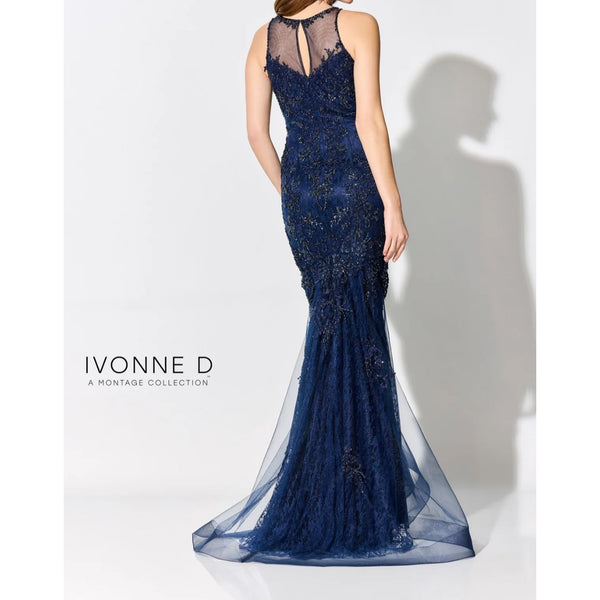 Ivonne D For Mon Cheri ID310 Scoop Neck Embroidered Navy Dress Sz. 12 (SAMPLE)