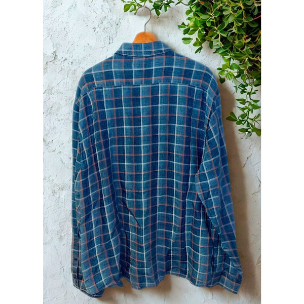 Faherty Brand Mens 2XL 100% Linen Indigo Blue Plaid Button Down Beach Shirt