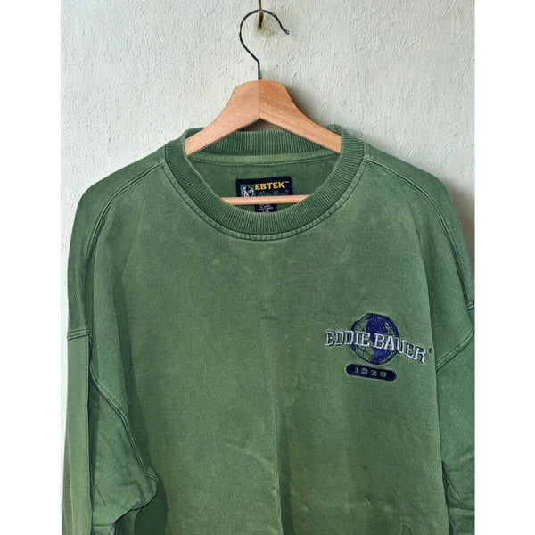 Eddie Bauer EBTEK Crew Sweatshirt Sz L Green 100% Cotton Y2K Gorpcore Vintage