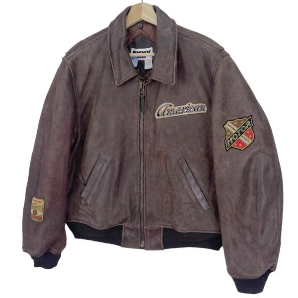 DKNY Jeans Vintage Leather Bomber Jacket Brown American Motor Patches Sz S