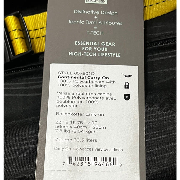 TUMI T-Tech International Carry-On Hard Case Luggage Black 4 Wheels Spinner 22”