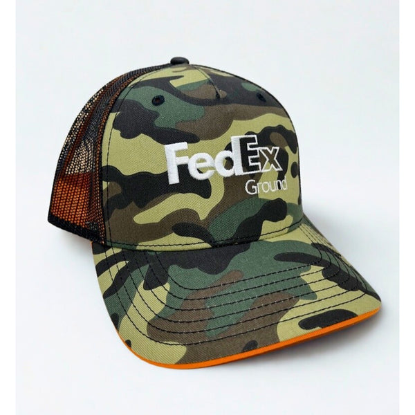 FedEx Ground Camo Trucker Hat Snapback Orange Black Mesh Delivery Driver Cap