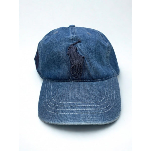 Polo Ralph Lauren Classic Chino Sport Cap Blue Raised Pony Leather Strap EUC