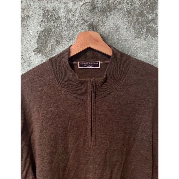 Charles Tyrwhitt Merino Wool 1/4 Zip Sweater Mens XL Brown Extra Fine Pullover
