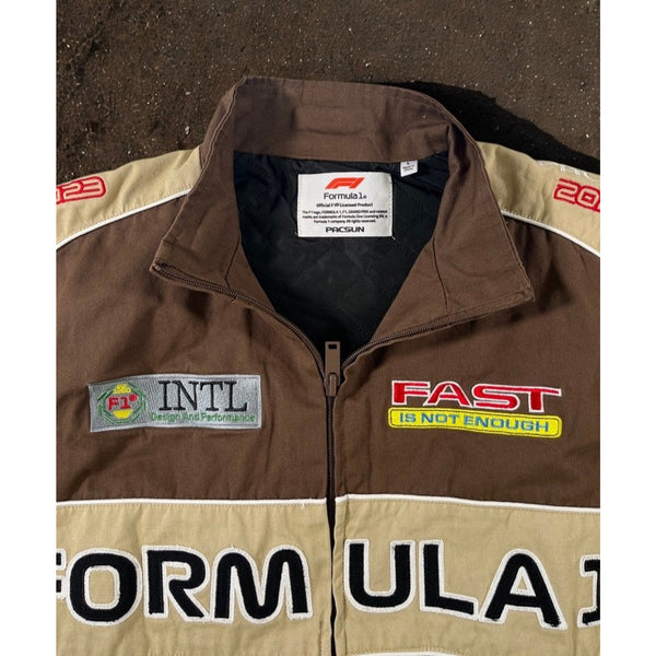 PacSun Formula 1 F1 Racing Bomber Jacket Brown Tan Full Zip Men’s Large