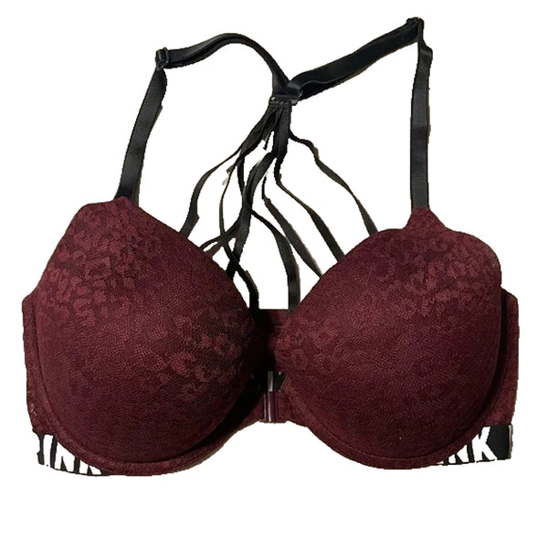 Victoria’s Secret PINK Push-up Front Closure Maroon Leopard Print Bra 36D Women