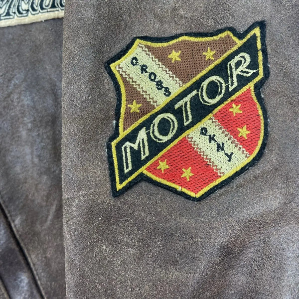 DKNY Jeans Vintage Leather Bomber Jacket Brown American Motor Patches Sz S
