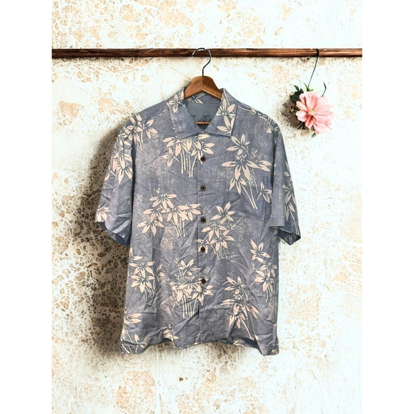 Tommy Bahama Silk Hawaiian Shirt Men’s L Blue Floral Camp Shirt 100% Silk