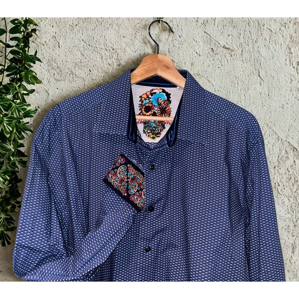 Robert Graham XL Classic Fit Blue Geometric Flip Cuff Button Shirt NWOT Luxury