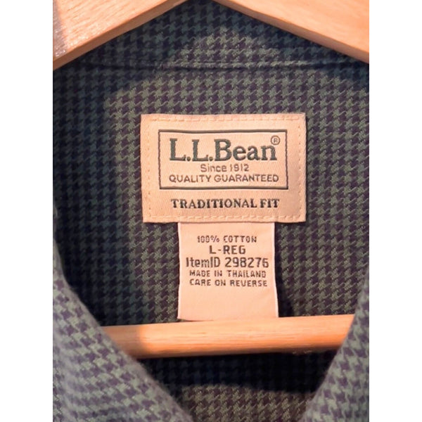 LL Bean Large Blue Green Houndstooth Button Down Shirt Traditional Fit Cotton