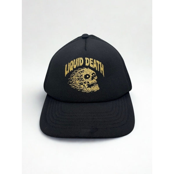 Liquid Death Black Mesh Trucker Snapback Gold Skull Logo NWOT