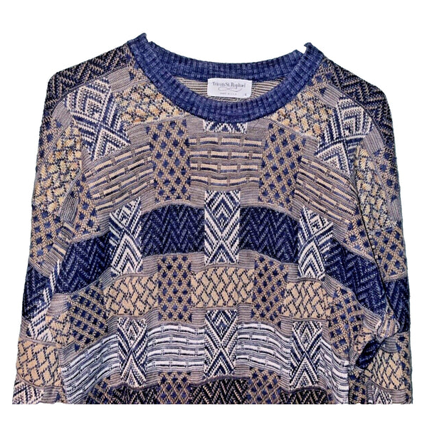 Tricots St Raphael Wild Coogi Styled Geometric Textured Knit Sweater L USA VTG