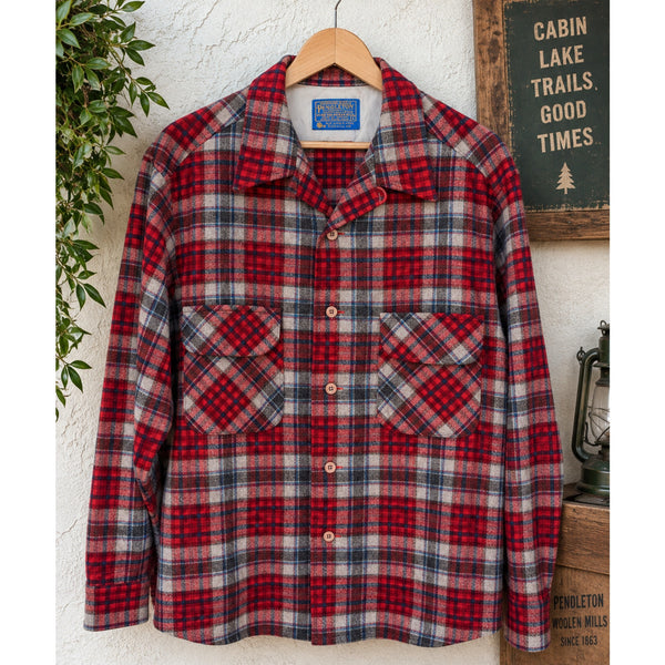 Pendleton Board Shirt Jacket Men's L Red Plaid Virgin Wool USA Loop Camp Collar