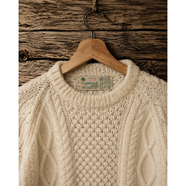 Carraig Donn Aran Irish Wool Sweater Men's S Cream Cable Knit Fisherman Handmade