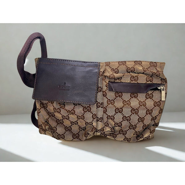 Gucci GG Canvas x Leather Beige Brown Waist Bag Belt Bag Crossbody 28566 Italy