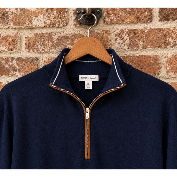 Peter Millar Crown Autumn Crest Merino Wool Suede Trim 1/4 Zip Navy XL $265