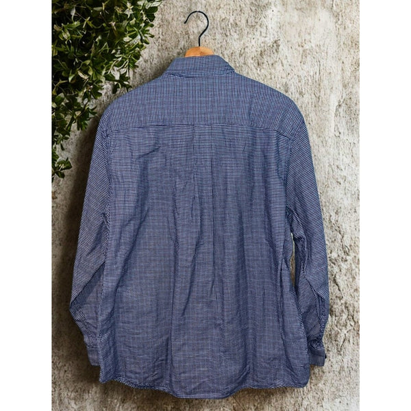 LL Bean Mens Large Blue Houndstooth Check Flannel Button Down Shirt Pocket