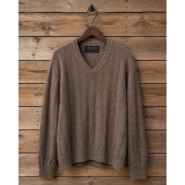 Brooks Brothers Mens L V-Neck Sweater Brown Wool Alpaca Cable Knit Vintage USA