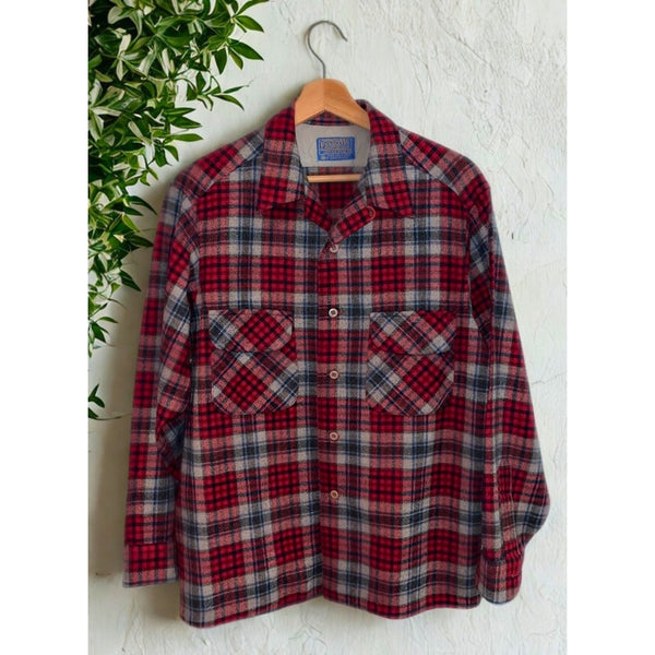 Pendleton Board Shirt Jacket Men's L Red Plaid Virgin Wool USA Loop Camp Collar