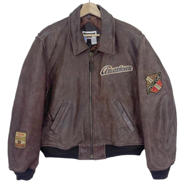 DKNY Jeans Vintage Leather Bomber Jacket Brown American Motor Patches Sz S
