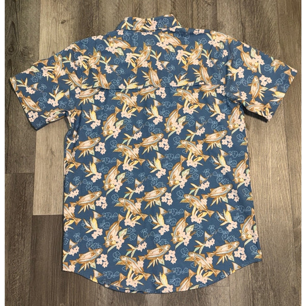 Magellan Shore & Line Fishing Shirt S Blue Fish Floral Short Sleeve NWOT