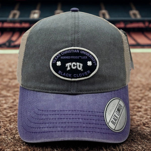TCU Texas Christian University Horned Frogs Black Clover Trucker Hat NWT