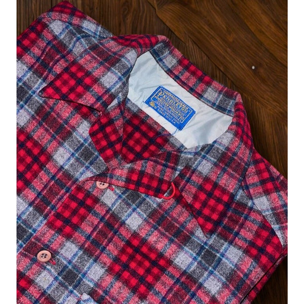 Pendleton Board Shirt Jacket Men's L Red Plaid Virgin Wool USA Loop Camp Collar
