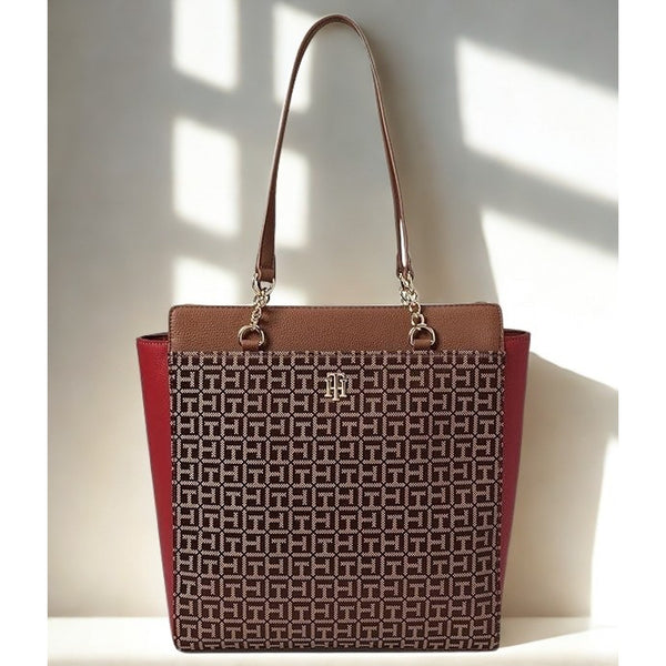Tommy Hilfiger Antonella II Tote Chestnut Red Monogram Jacquard Womens EUC