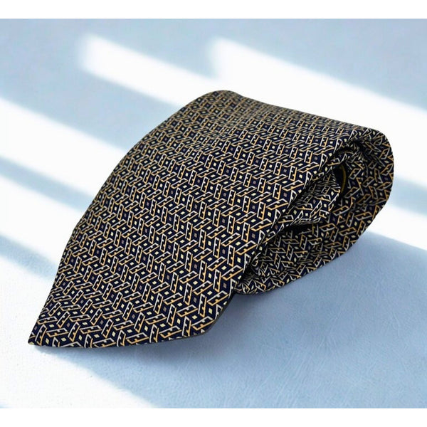 Fendi Cravatte Vintage Silk Tie Navy Gold All Over FF Logo Made in Italy EUC