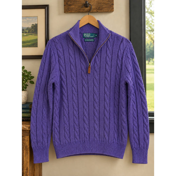 Polo Ralph Lauren Purple Silk Cashmere Cable Knit 1/4 Zip Sweater Sz. M Vintage