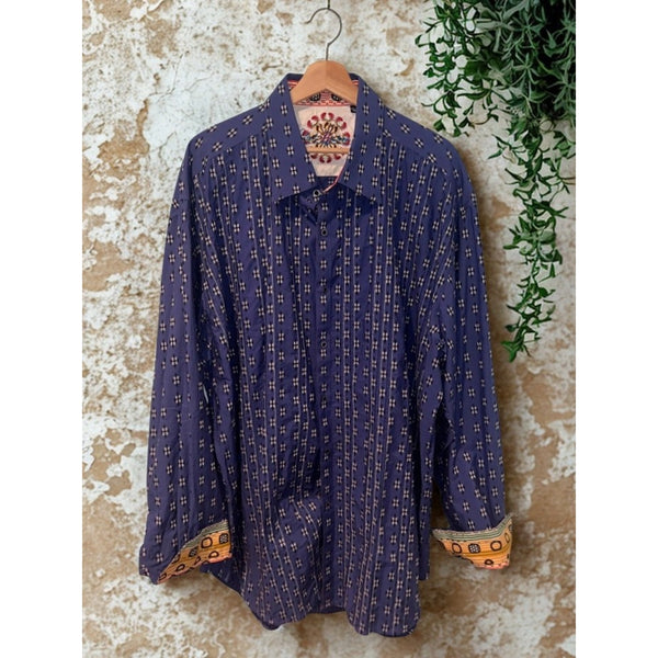 Robert Graham Textured Shirt Sz. 3XL Blue Geometric Flip Cuff Button EUC