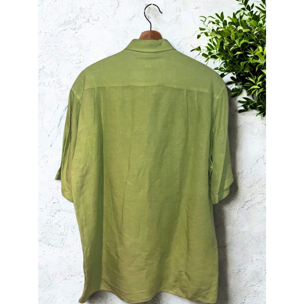 Ermenegildo Zegna Linen Blend Shirt Mens L Green Italy Camp Button Pocket Luxury