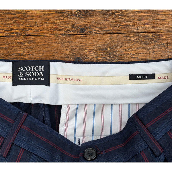 Scotch & Soda Mott Pants Men 34x32 Blue Red Pinstripe Wool Blend Slim Fit Chino