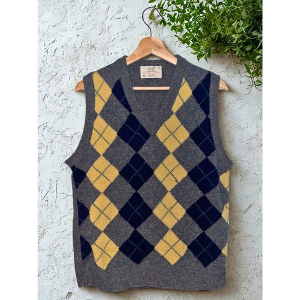 Lord Jeff Argyle Shetland Wool Sweater Vest USA Made Mens M Vintage 80s