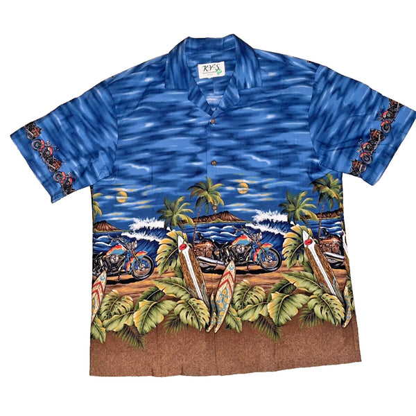 Kys Hawaiian Shirt Mens Large Motorcycle Palms Short Sleeve Camp Vintage