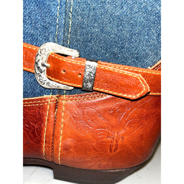 Frye Cowboy Boots Denim Brown Leather Silver Buckles Vintage Sz 8 RARE Deadstock