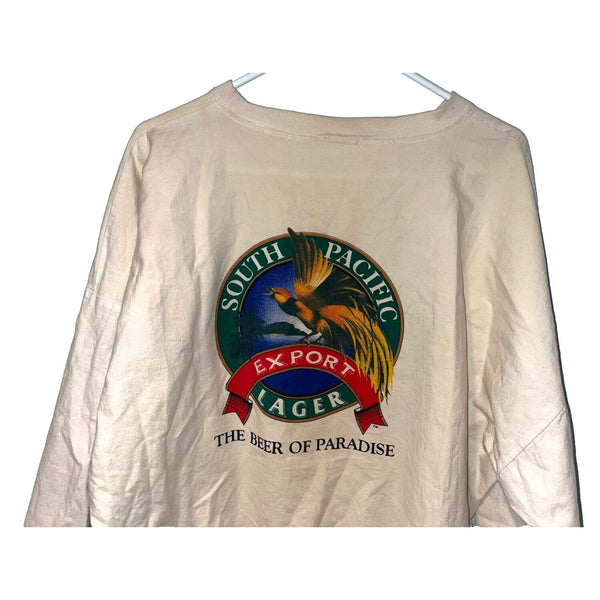 South Pacific Lager Beer T Shirt Sz. XL White Graphic Tee Crazy Shirt Vintage
