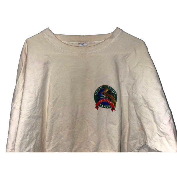 South Pacific Lager Beer T Shirt Sz. XL White Graphic Tee Crazy Shirt Vintage