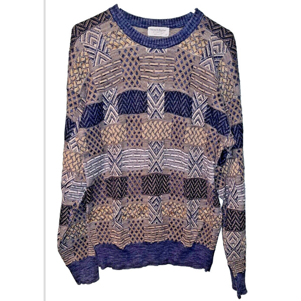 Tricots St Raphael Wild Coogi Styled Geometric Textured Knit Sweater L USA VTG