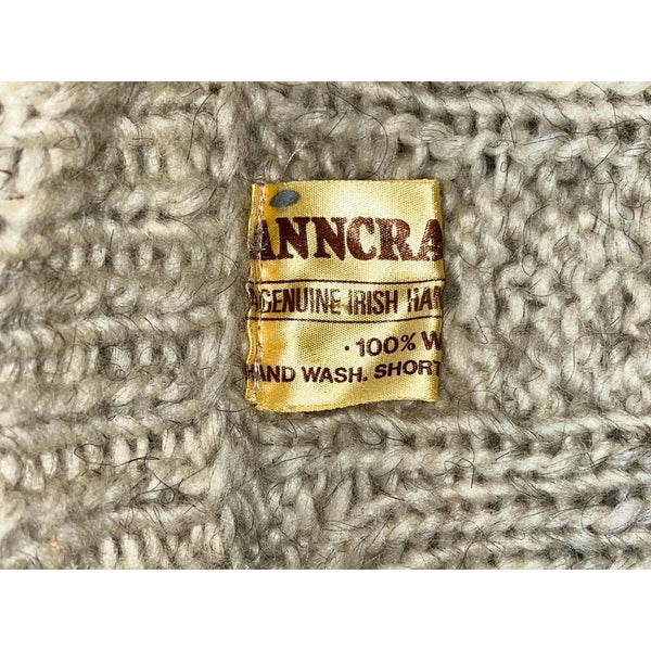 Anncraft Donegal Irish Wool Fisherman Sweater L Full Zip Cable Knit Vintage