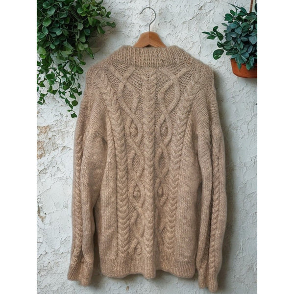 Anncraft Donegal Irish Wool Fisherman Sweater L Full Zip Cable Knit Vintage