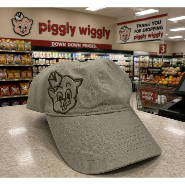 Piggly Wiggly Khaki Head Tail Adjustable Hat Embroidered Grocery Store Cap EUC