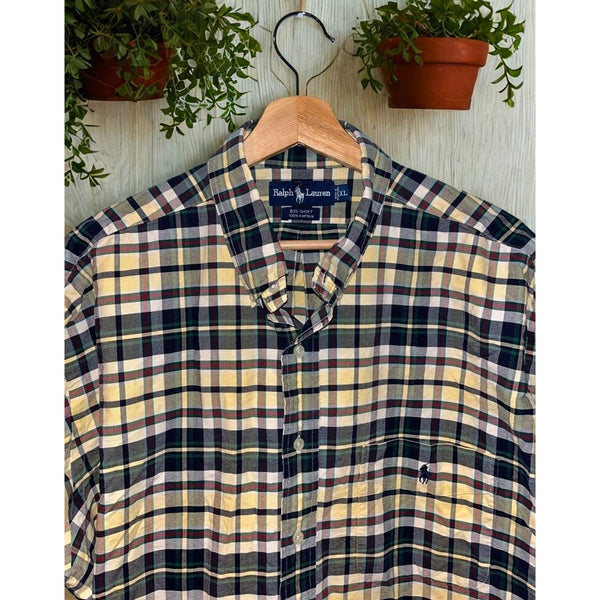 Polo Ralph Lauren Big Shirt Men XL Yellow Blue Plaid Button Down Blue Pony VNTG