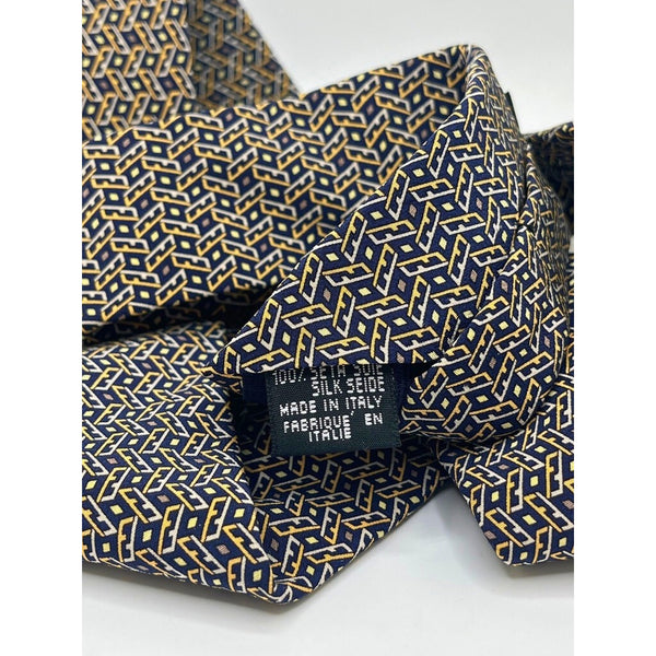 Fendi Cravatte Vintage Silk Tie Navy Gold All Over FF Logo Made in Italy EUC